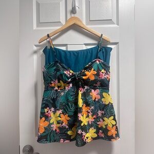 Old Navy Tropical Floral Tie-Front Tankini Top with bottom in Teal & Black